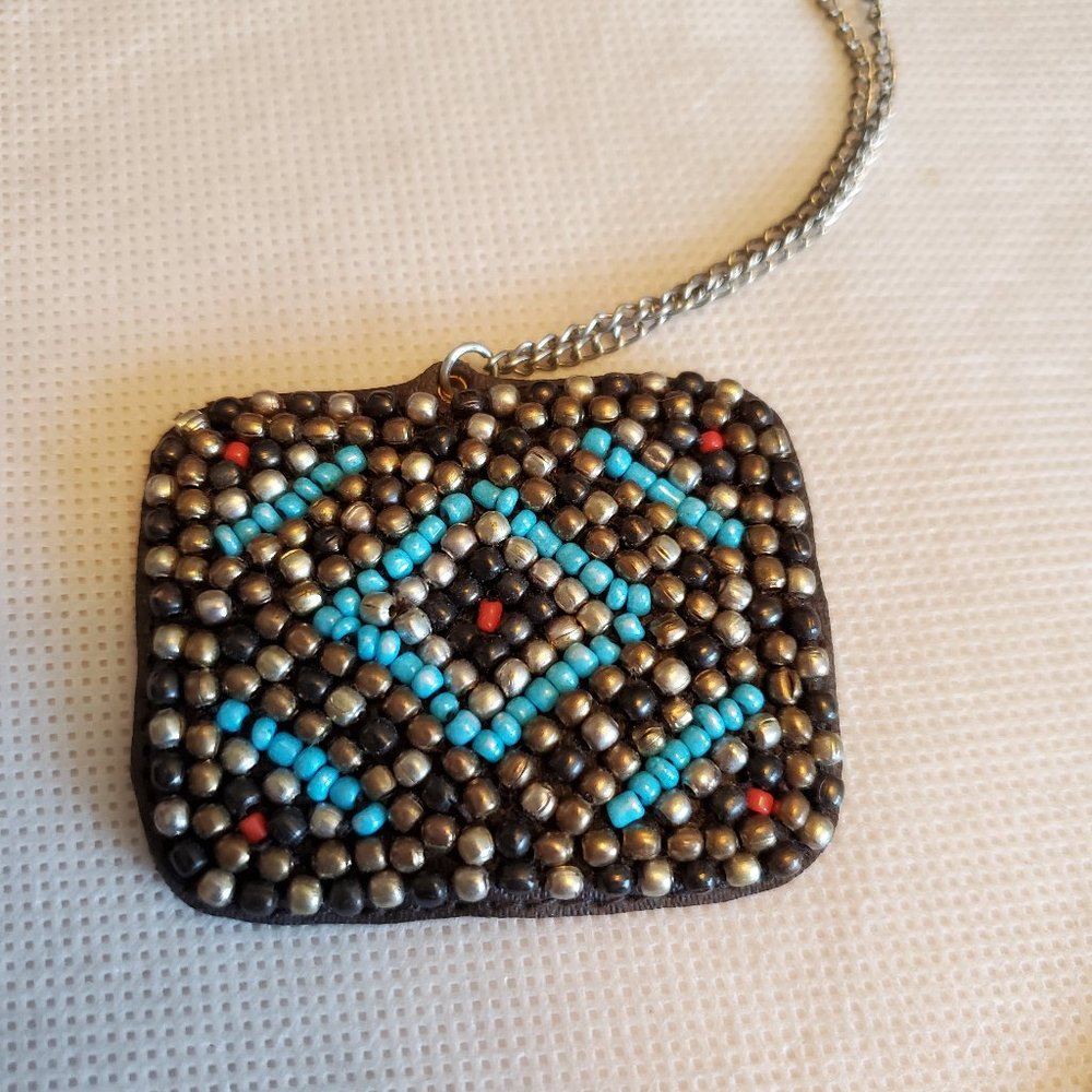 28" Silver Tone Rectangle Pendant Necklace Native